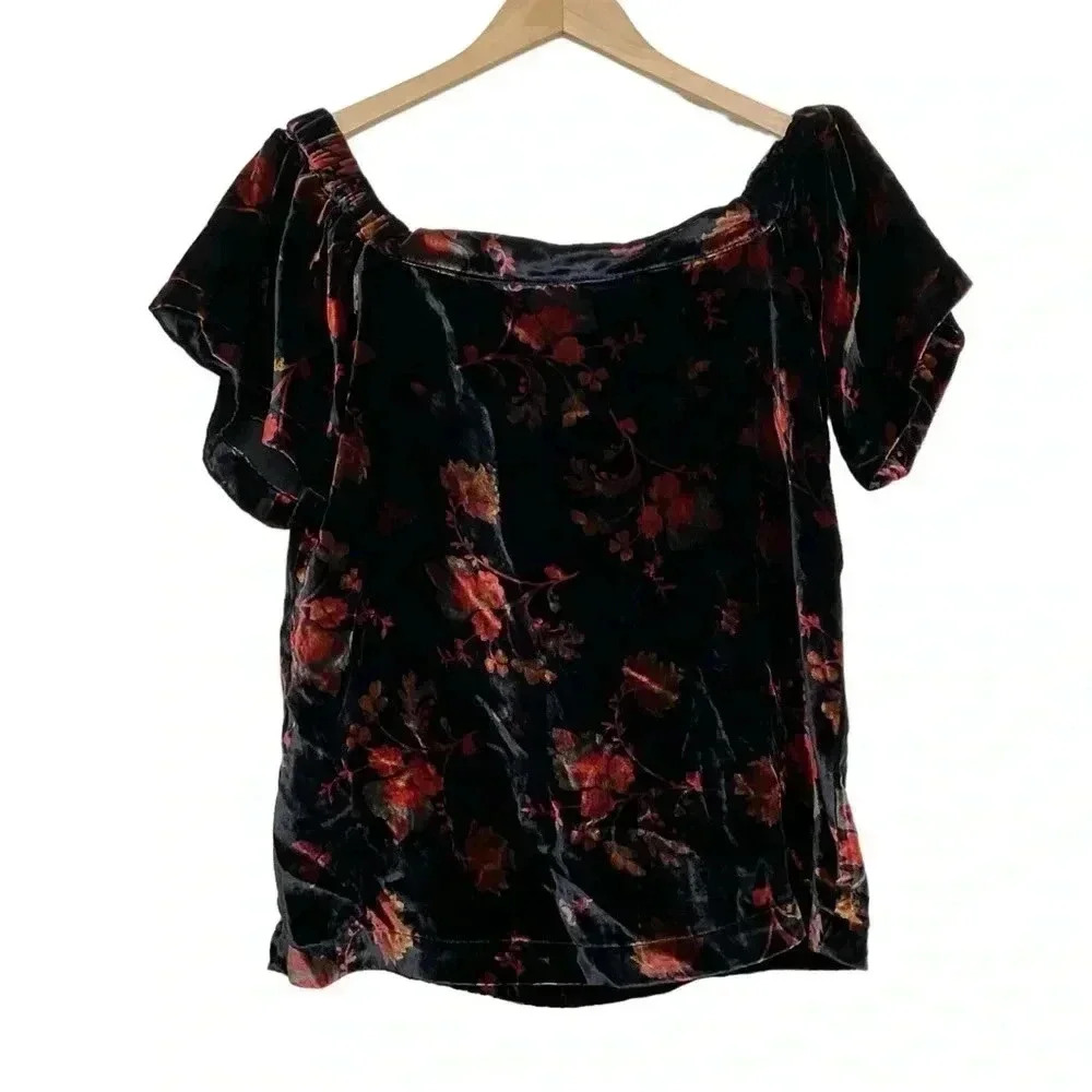 Loft Velvet Floral Short Sleeve Top Off Shoulder Size XS